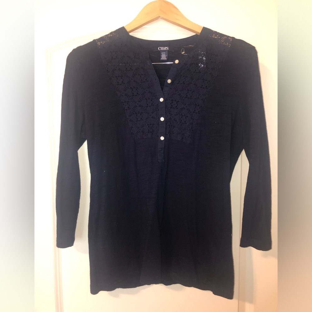 3/4 sleeve dark blue lace top with buttons